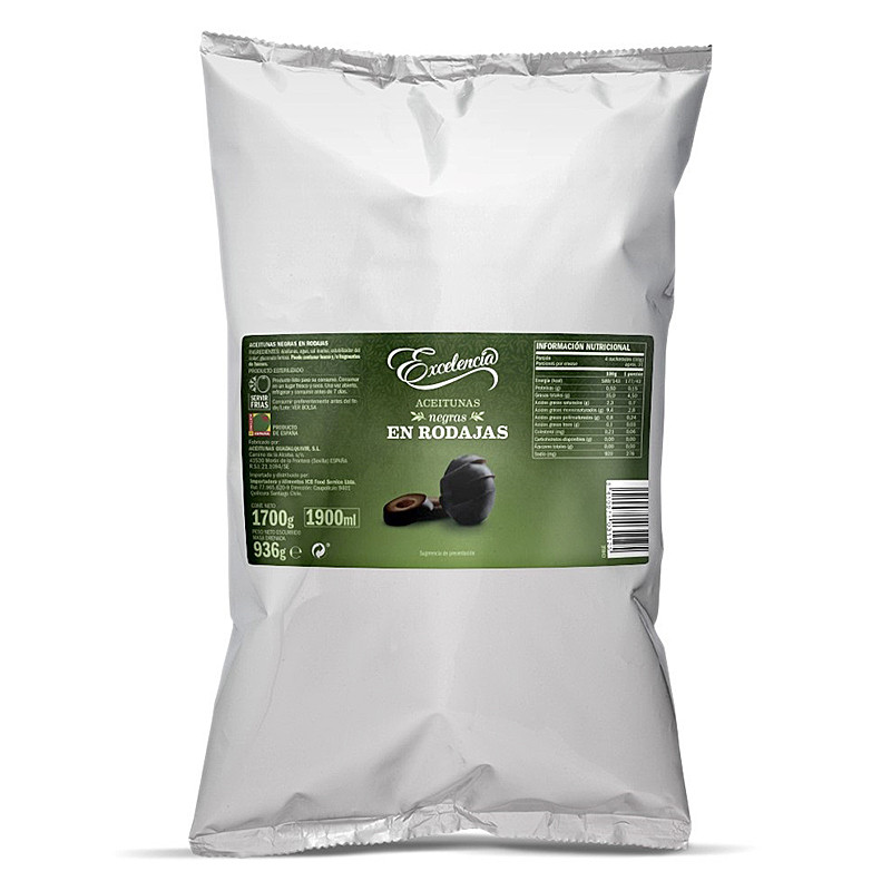 ACEITUNAS NEGRAS HOJ. RODAJAS POUCH 10/2Kg (935 P.N.E.)